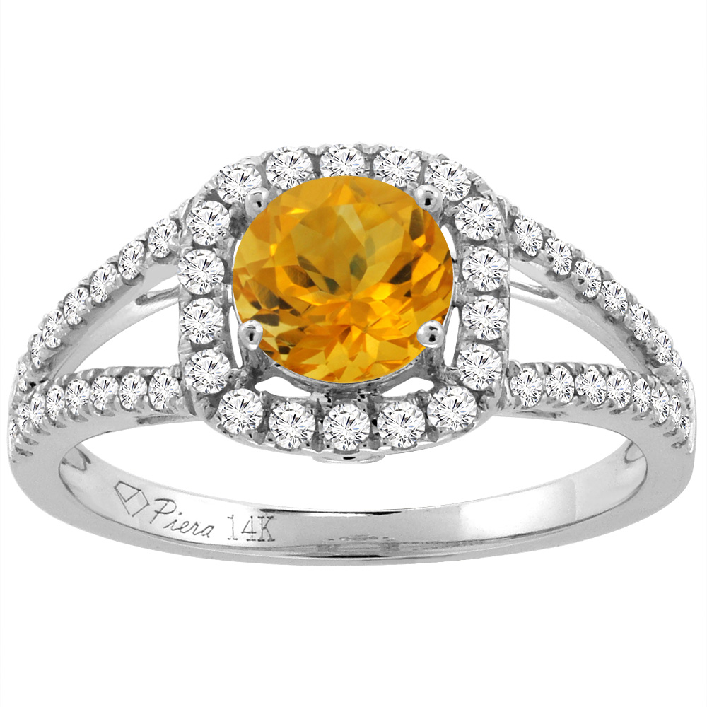 14K White Gold Diamond Natural Citrine Engagement Halo Ring Round 7 mm, sizes 5-10