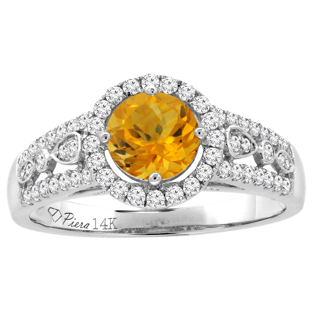 14K White Gold Diamond Natural Citrine Engagement Halo Ring Round 7 mm, sizes 5-10