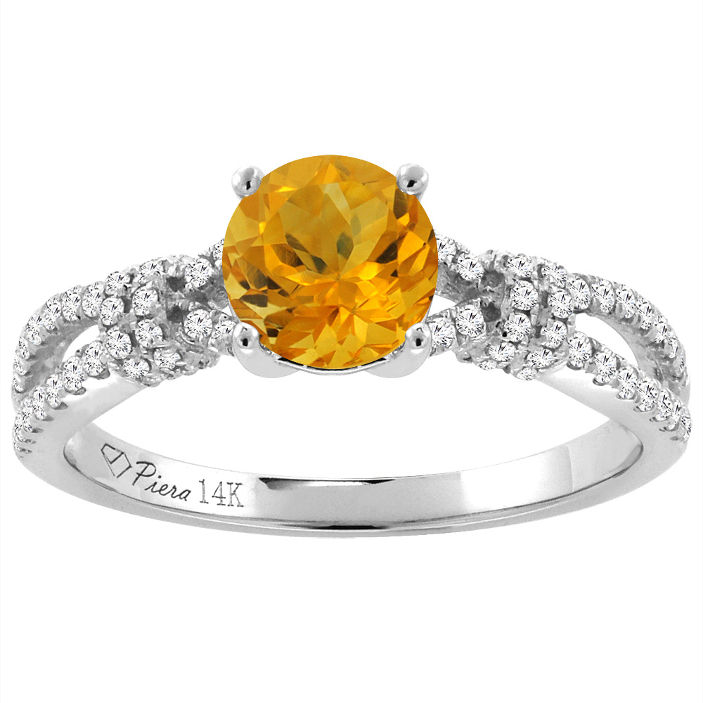14K White Gold Diamond Natural Citrine Engagement Ring Round 7 mm, sizes 5-10