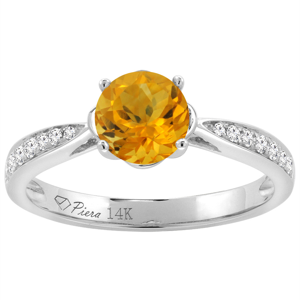 14K Yellow Gold Diamond Natural Citrine Engagement Ring Round 7 mm, sizes 5-10