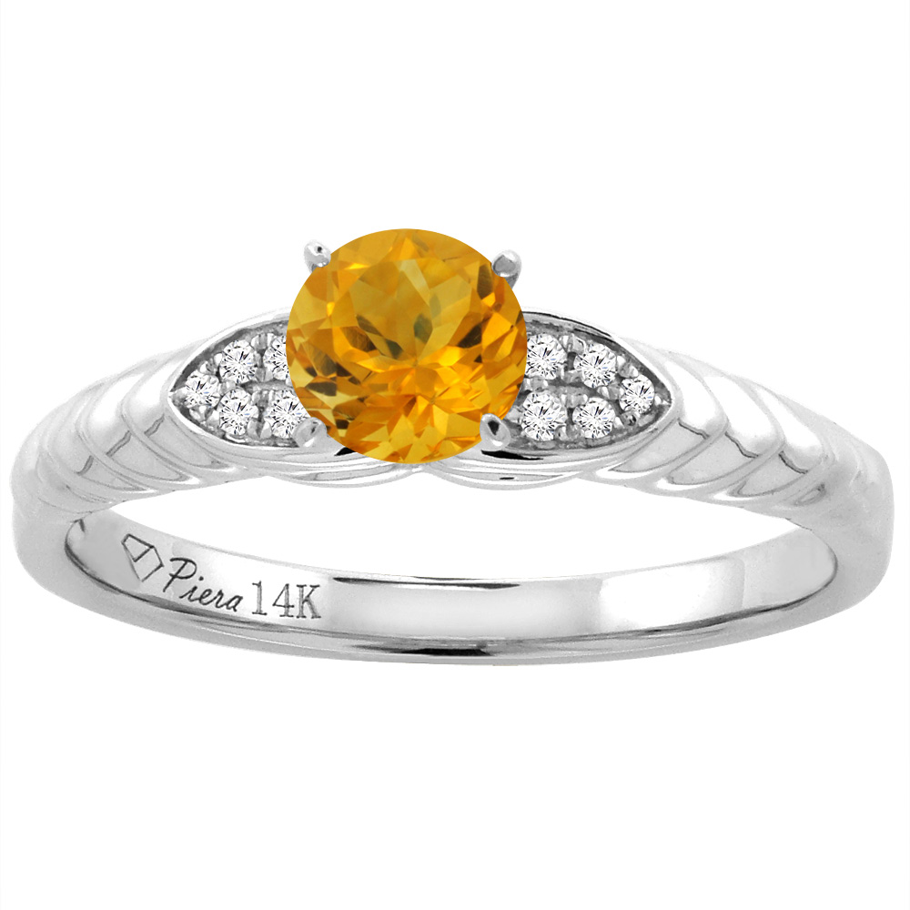 14K White Gold Diamond Natural Citrine Engagement Ring Round 5 mm, sizes 5-10