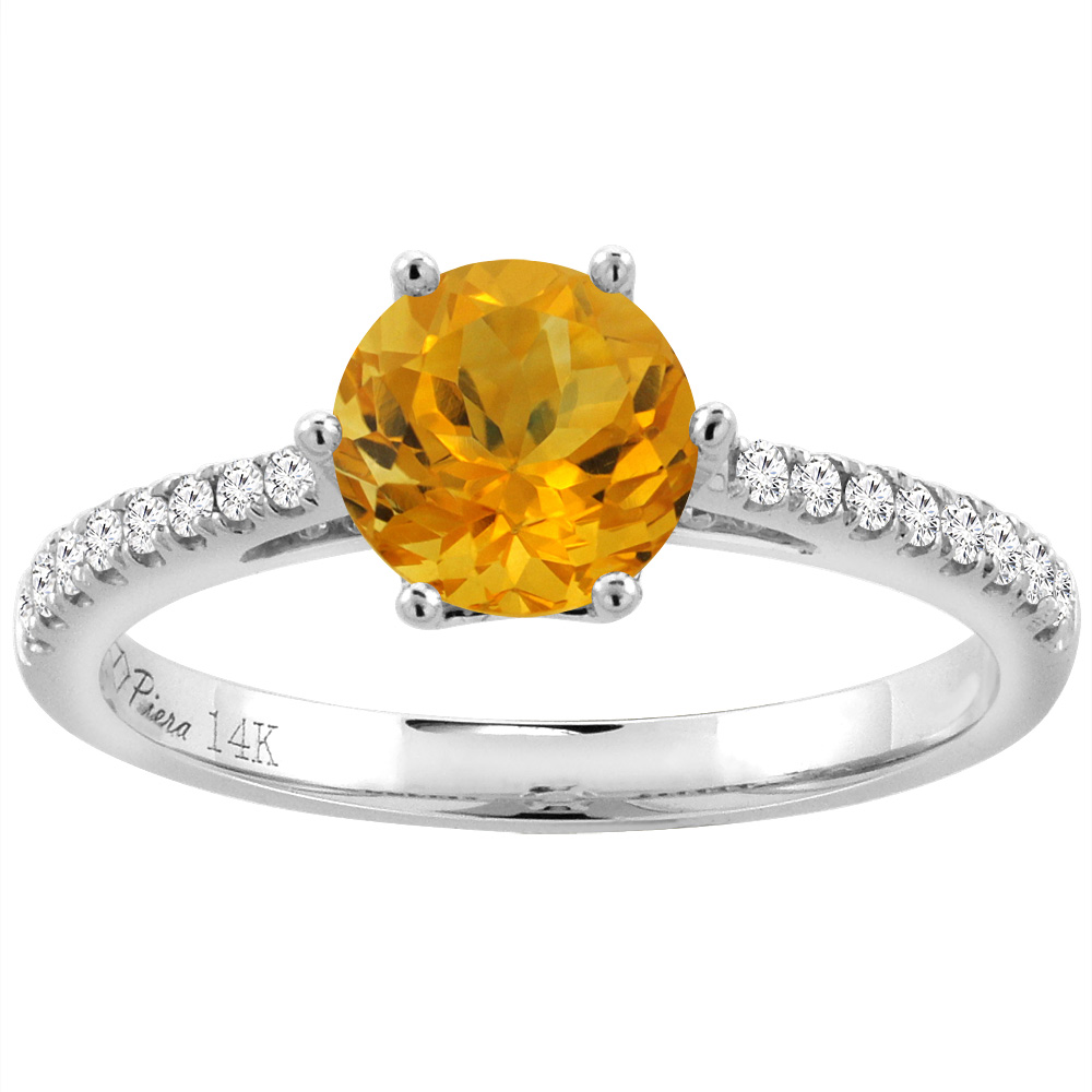 14K White Gold Diamond Natural Citrine Engagement Ring Round 7 mm, sizes 5-10
