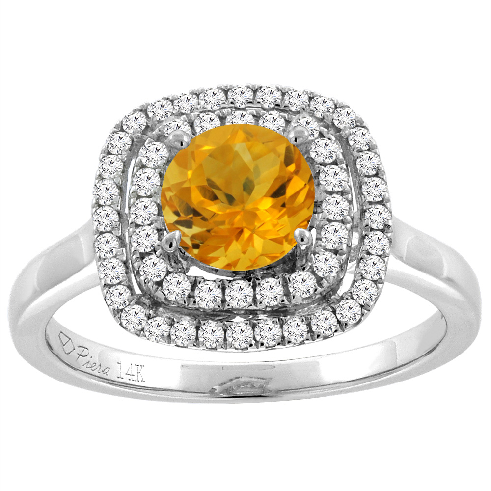 14K White Gold Natural Citrine Double Halo Diamond Engagement Ring Round 7 mm, sizes 5-10