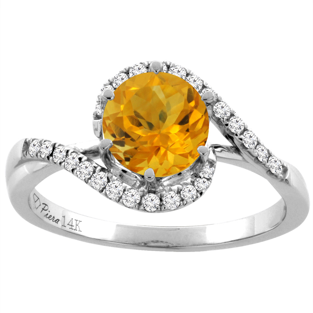 14K White Gold Diamond Natural Citrine Bypass Engagement Ring Round 7 mm, sizes 5-10