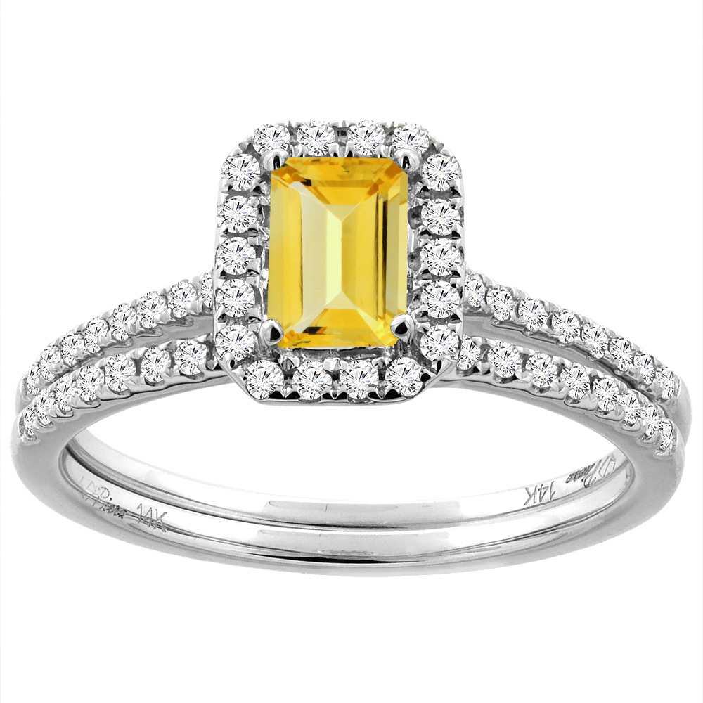 14K White/Yellow Gold Diamond Halo Natural Citrine 2pc Engagement Ring Set Octagon 7x5 mm, sizes 5-10