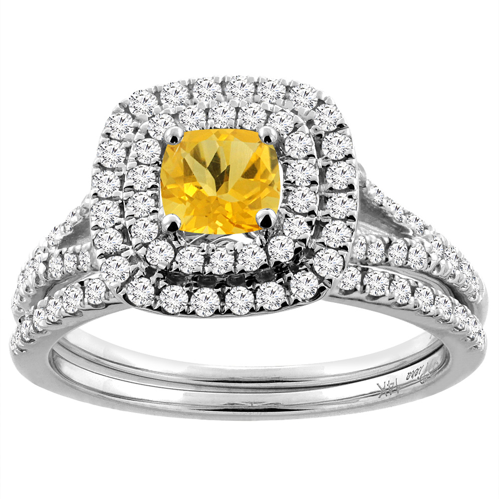 14K White Gold Diamond Halo Natural Citrine 2pc Engagement Ring Set Cushion 6x6 mm, sizes 5-10