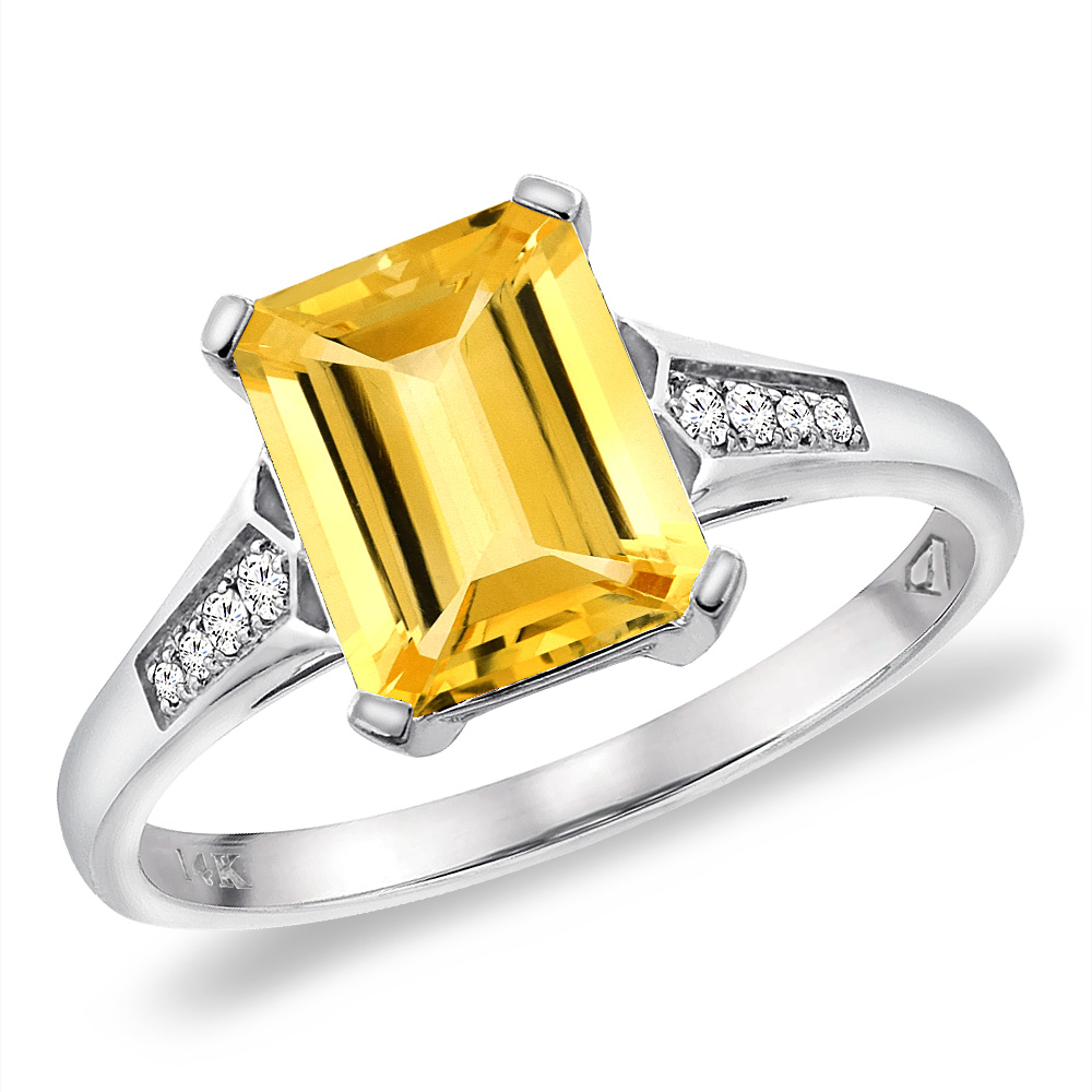 14K White Gold Natural Citrine Ring 9x7 mm Octagon with Diamond Accent, sizes 5 -10