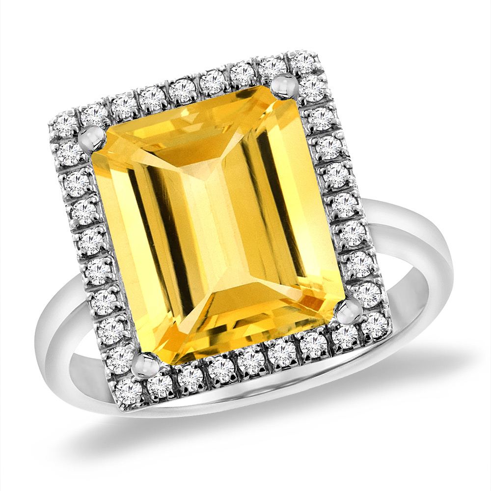 14K White Gold Natural Citrine Ring Diamond Accent 12x10 mm Octagon, sizes 5 -10