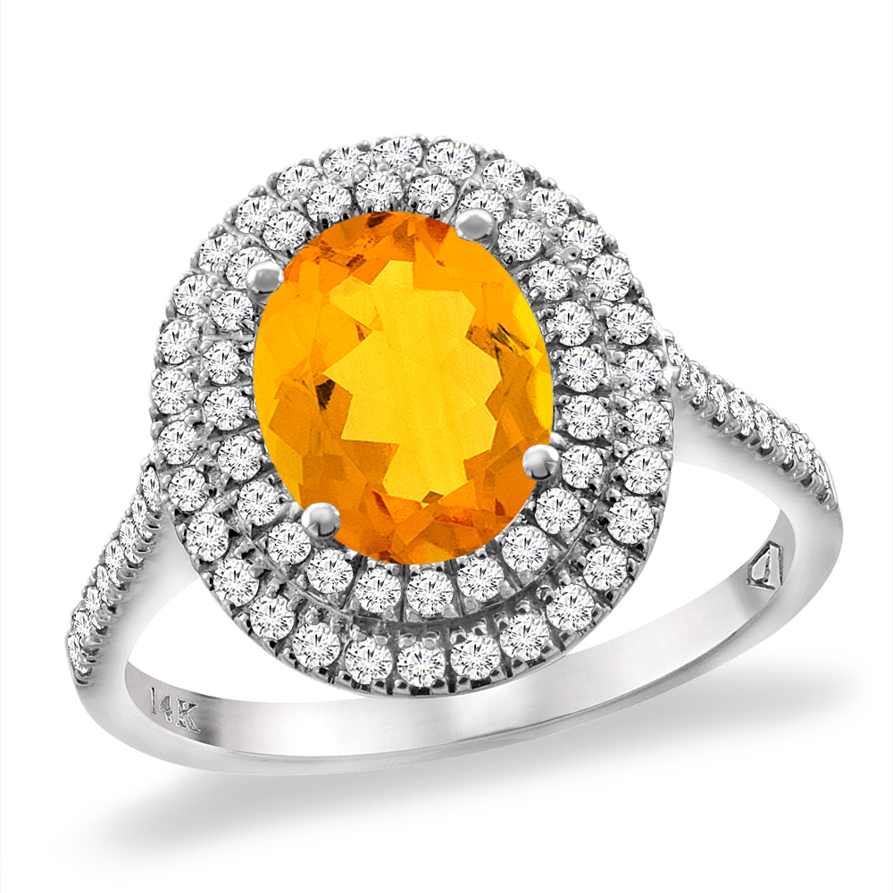 14K White Gold Natural Citrine Two Halo Diamond Engagement Ring 9x7 mm Oval, sizes 5 -10