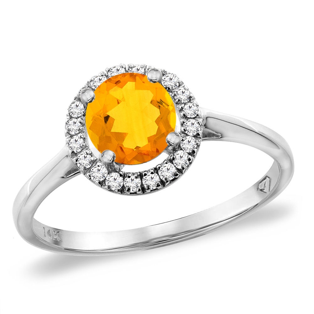 14K White Gold Diamond Halo Natural Citrine Engagement Ring Round 6 mm, sizes 5 -10