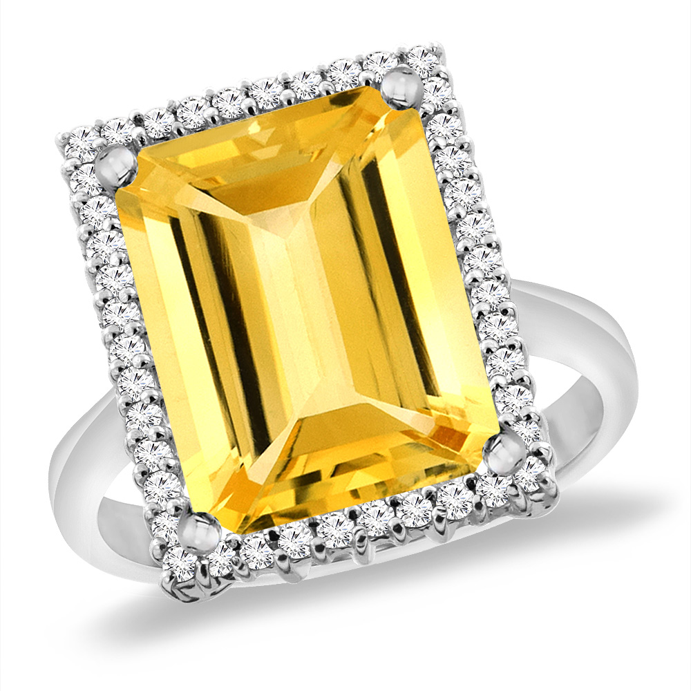 14K White Gold Natural Citrine Ring Diamond Accent 14x10 mm Octagon, sizes 5 -10