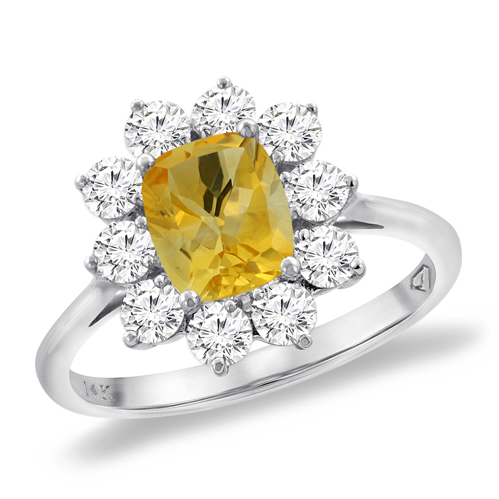 14K White Gold Diamond Natural Citrine Engagement Ring 8x6 mm Cushion, sizes 5 -10