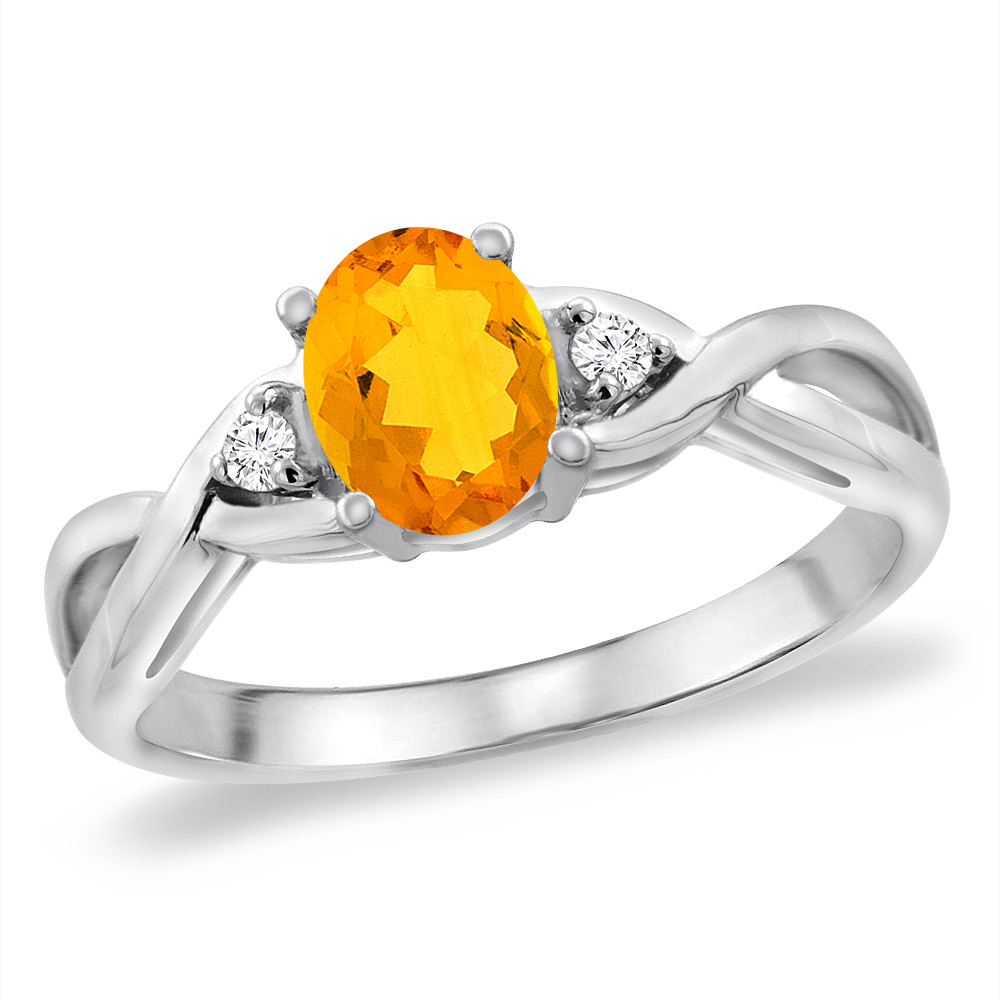 14K White Gold Diamond Natural Citrine Infinity Engagement Ring Oval 7x5 mm, sizes 5 -10
