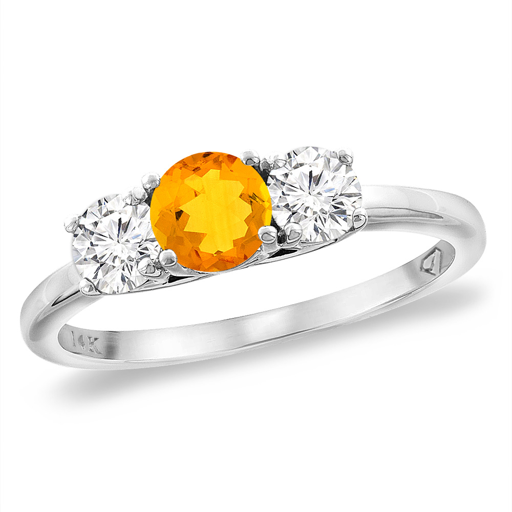 14K White Gold Diamond Natural Citrine Engagement Ring 5mm Round, sizes 5 -10