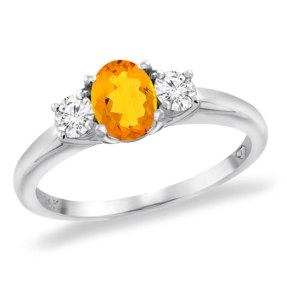 14K White Gold Natural Citrine Engagement Ring Diamond Accents Oval 7x5 mm, sizes 5 -10