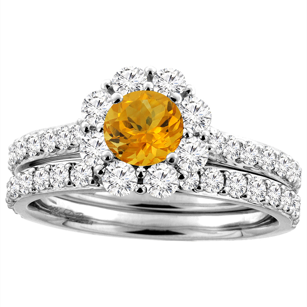 14K White Gold Diamond Natural Citrine Halo Engagement Ring Set Round 5 mm, sizes 5-10