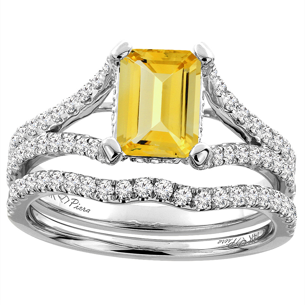 14K White Gold Natural Citrine Engagement Ring Set Emerald 8x6 mm, sizes 5-10
