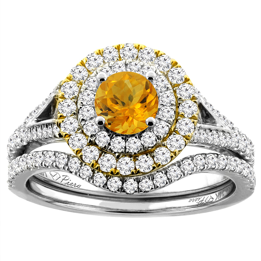 14K White Gold Diamond Natural Citrine Halo Engagement Bridal Ring Set Round 5 mm, sizes 5-10