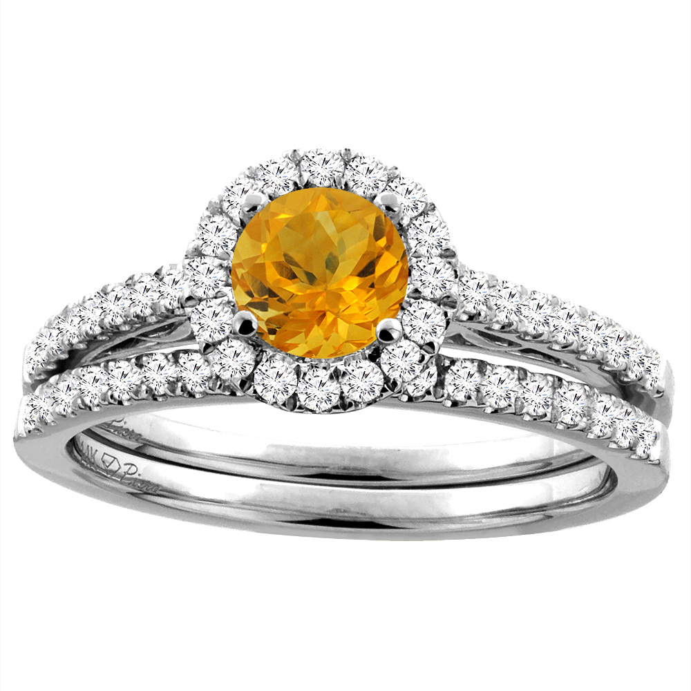 14K White Gold Diamond Natural Citrine Halo Engagement Bridal Ring Set Round 6 mm, sizes 5-10