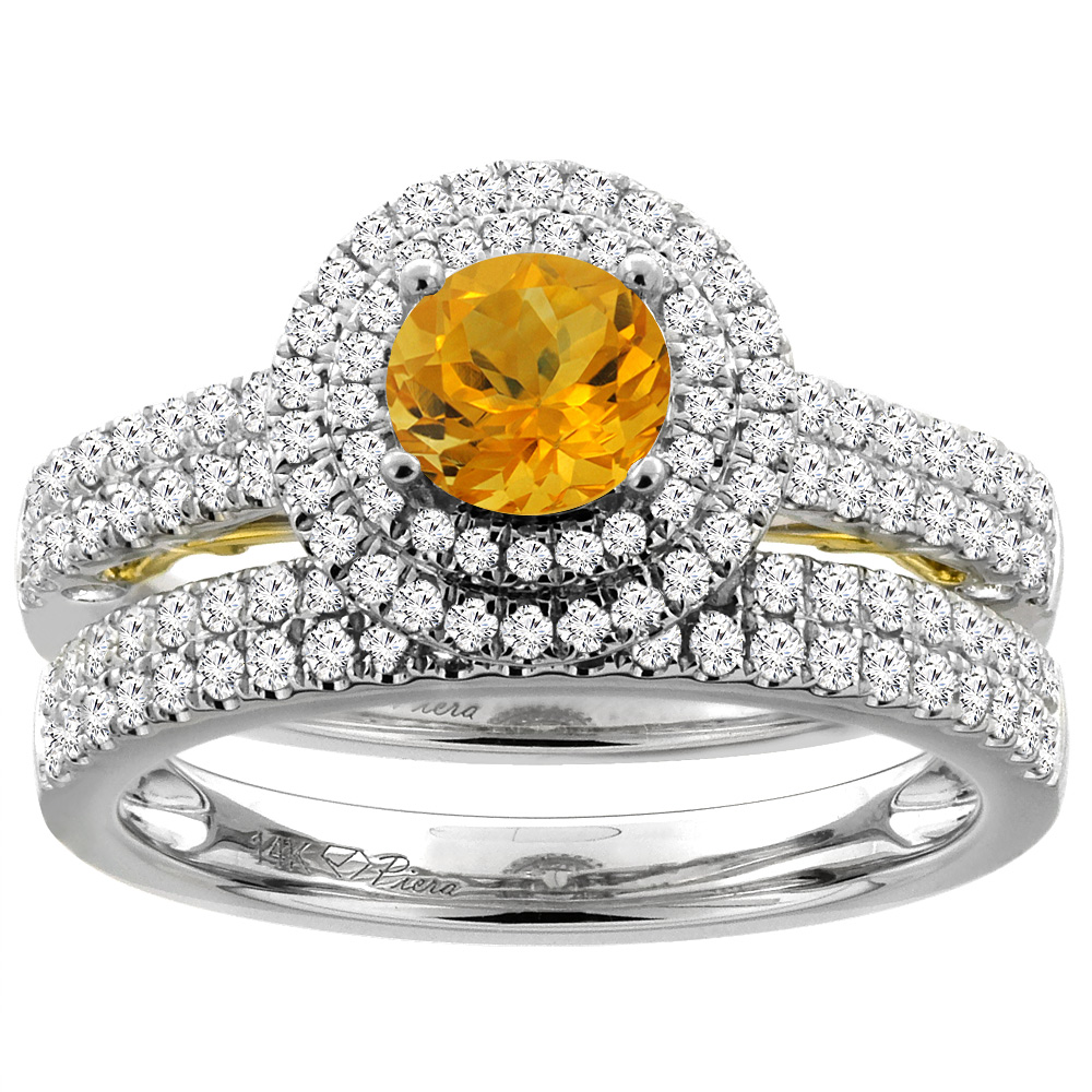 14K White Gold Diamond Natural Citrine Halo Engagement Ring Set Round 6 mm, sizes 5-10