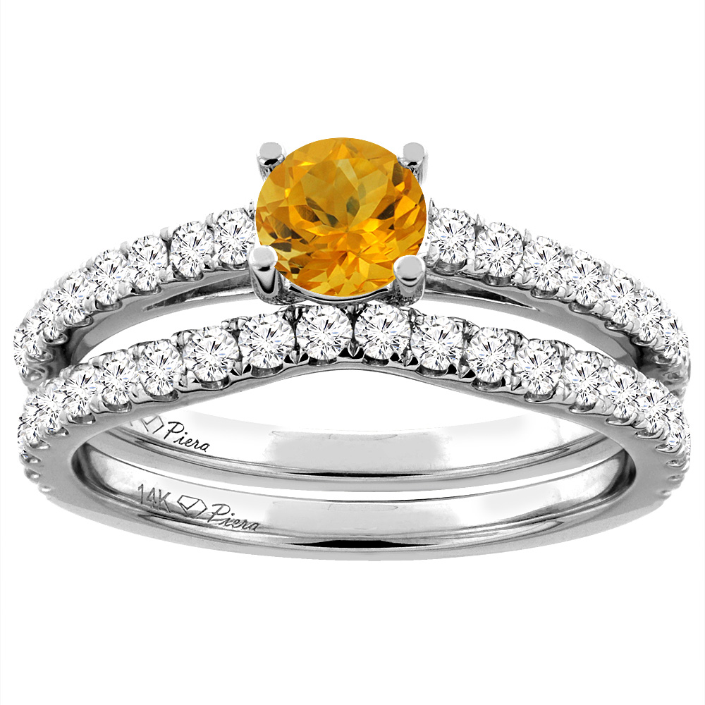 14K White Gold Diamond Natural Citrine Engagement Bridal Ring Set Round 6 mm, sizes 5-10