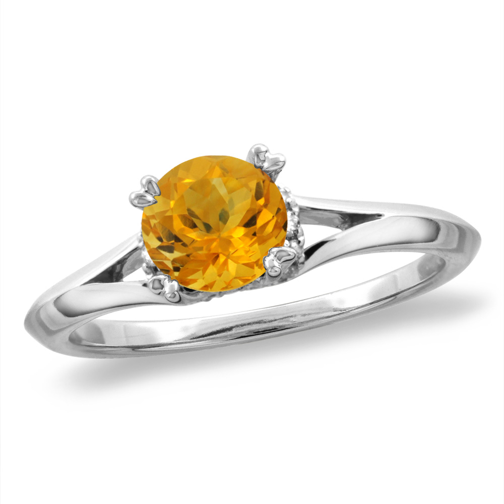 14K White/Yellow Gold Diamond Natural Citrine Solitaire Engagement Ring Round 6 mm, sz 5-10