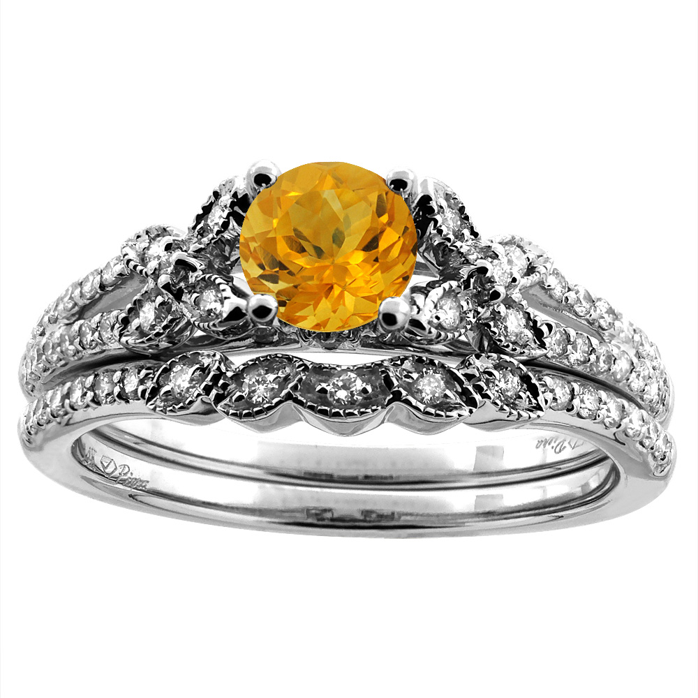 14K White/Yellow Gold Floral Diamond Natural Citrine 2pc Engagement Ring Set Round 5 mm, sizes 5-10
