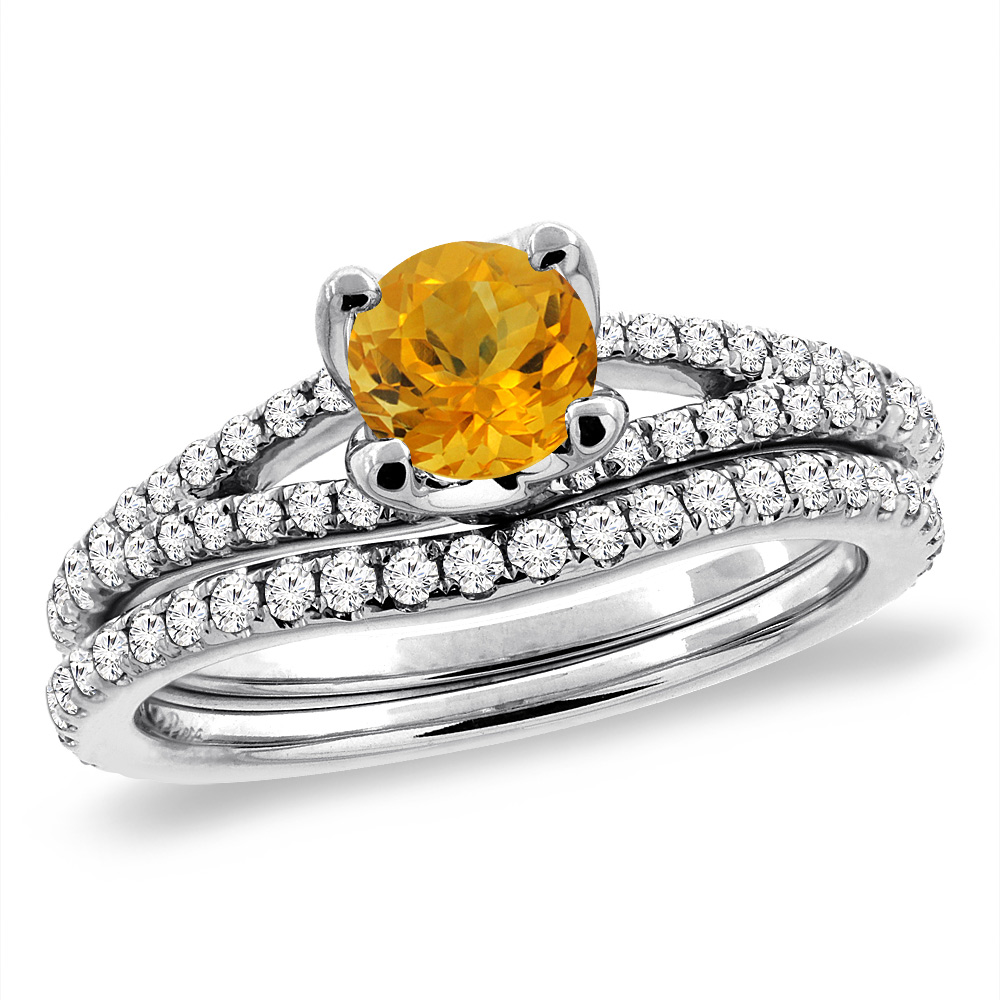 14K White Gold Diamond Natural Citrine 2pc Engagement Ring Set Round 5 mm, sizes 5-10