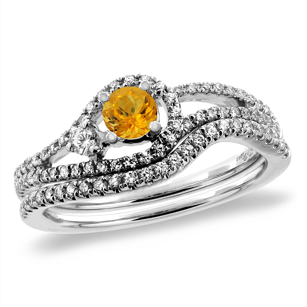 14K White Gold Diamond Natural Citrine 2pc Engagement Ring Set Round 5 mm, sizes 5-10