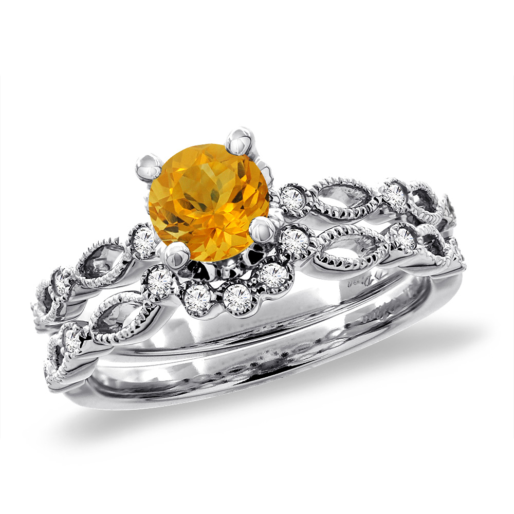 14K Yellow Gold Diamond Natural Citrine 2pc Engagement Ring Set Round 5 mm, sizes 5 - 10
