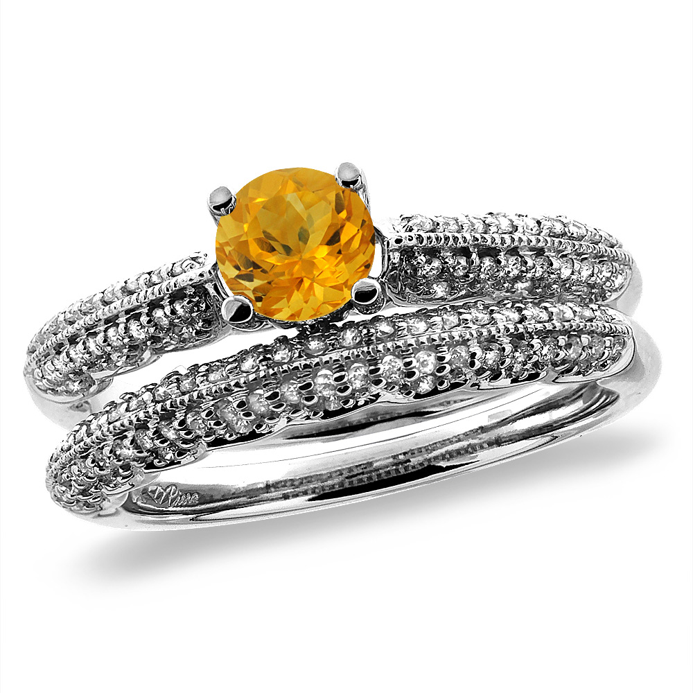 14K White/Yellow Gold Diamond Natural Citrine 2pc Engagement Ring Set Round 5 mm, sizes 5-10