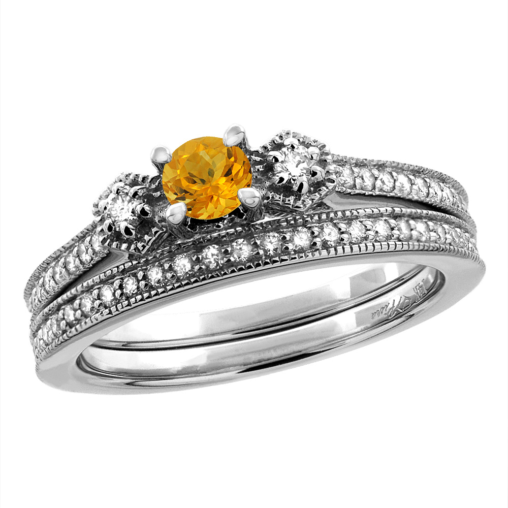 14K White/Yellow Gold Diamond Natural Citrine 2pc Engagement Ring Set Round 4 mm, sizes 5 - 10