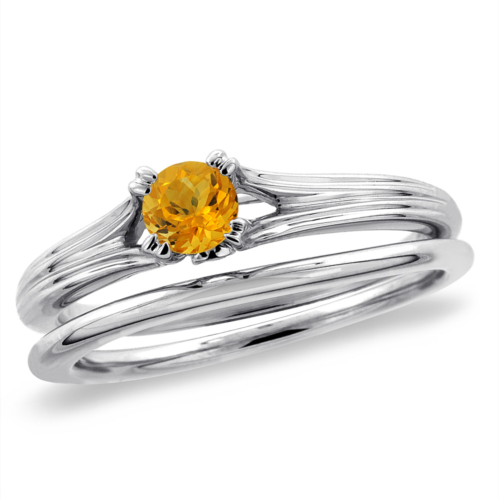14K White Gold Diamond Natural Citrine 2pc Solitaire Engagement Ring Set Round 4 mm, size5-10