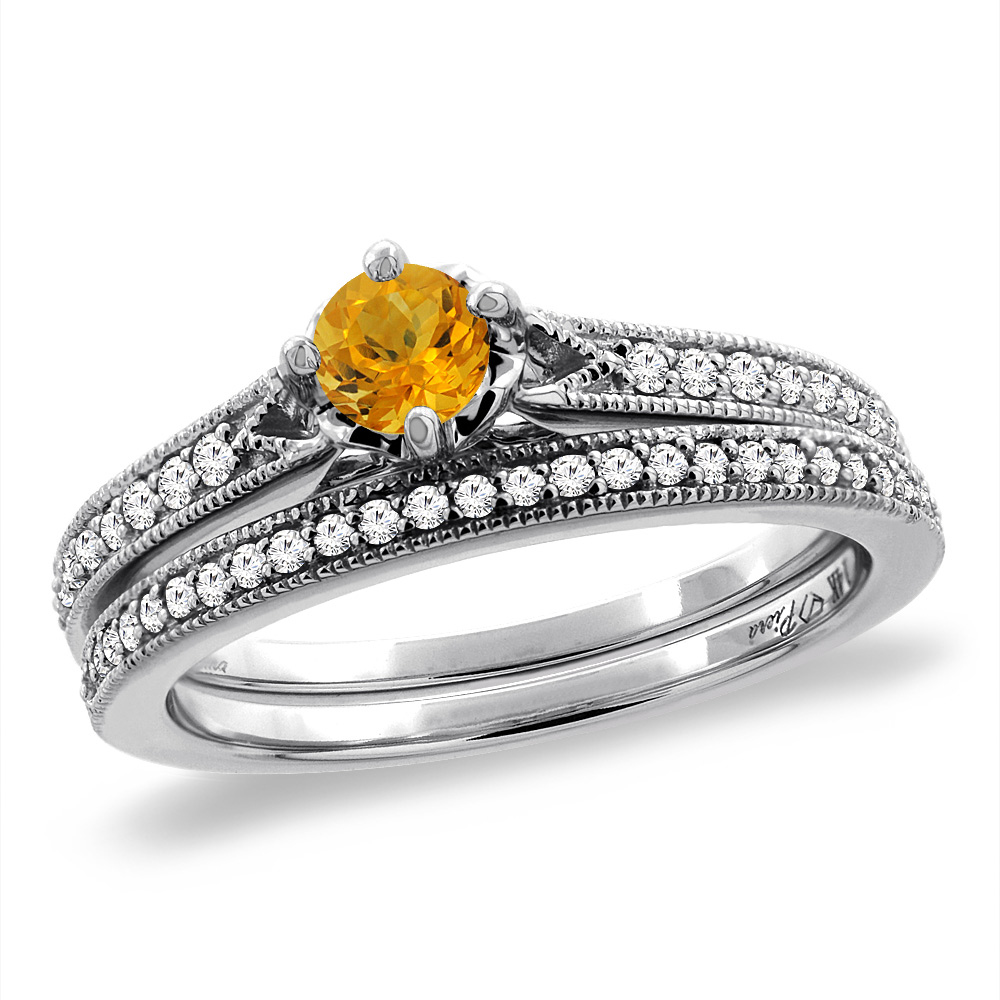 14K White Gold Diamond Natural Citrine 2pc Engagement Ring Set Round 4 mm, sizes 5 - 10