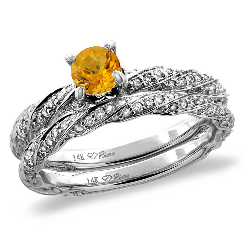 14K White/Yellow Gold Diamond Natural Citrine 2pc Twisted Engagement Ring Set Round 4 mm, size5-10