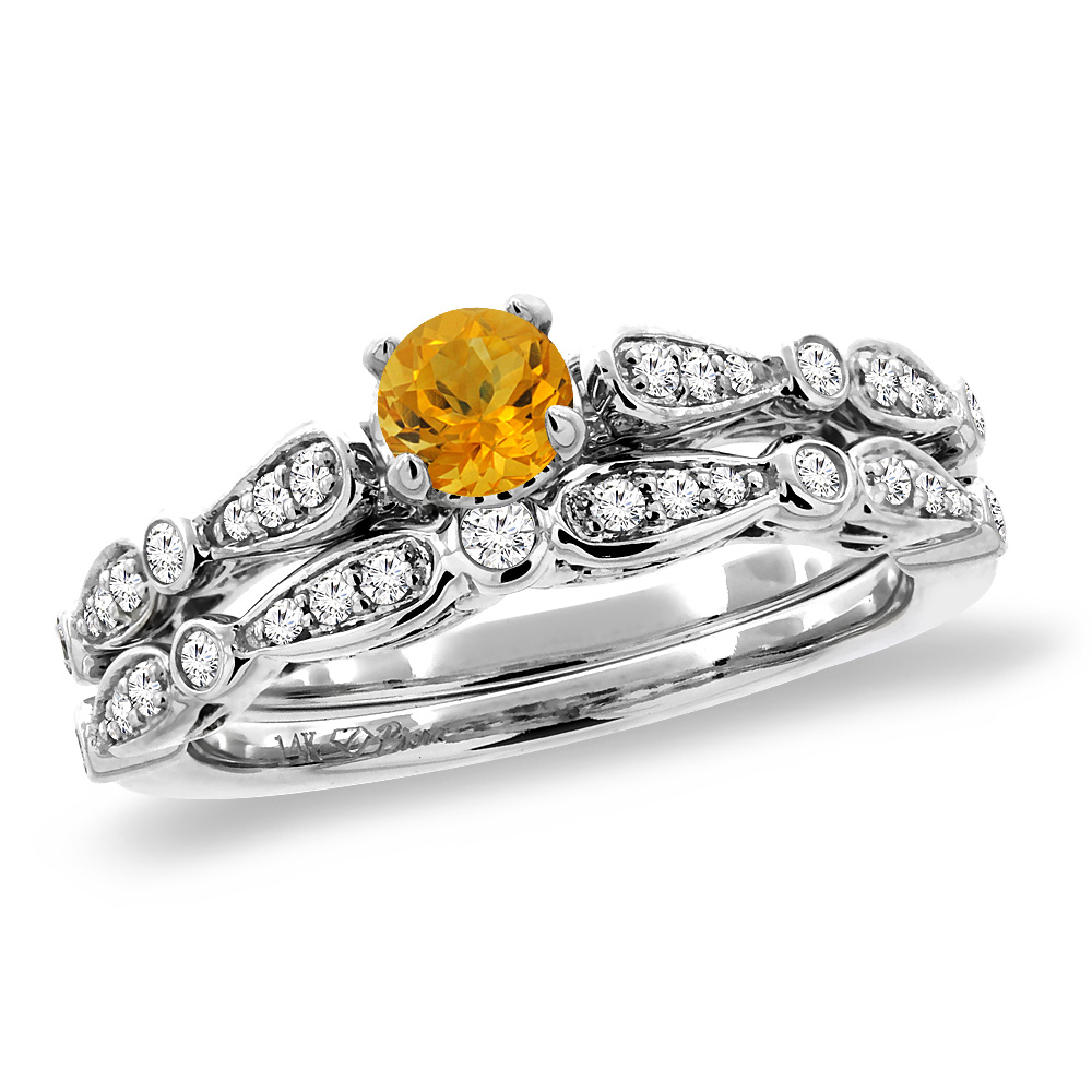 14K White Gold Diamond Natural Citrine 2pc Engagement Ring Set Round 4 mm, size5-10