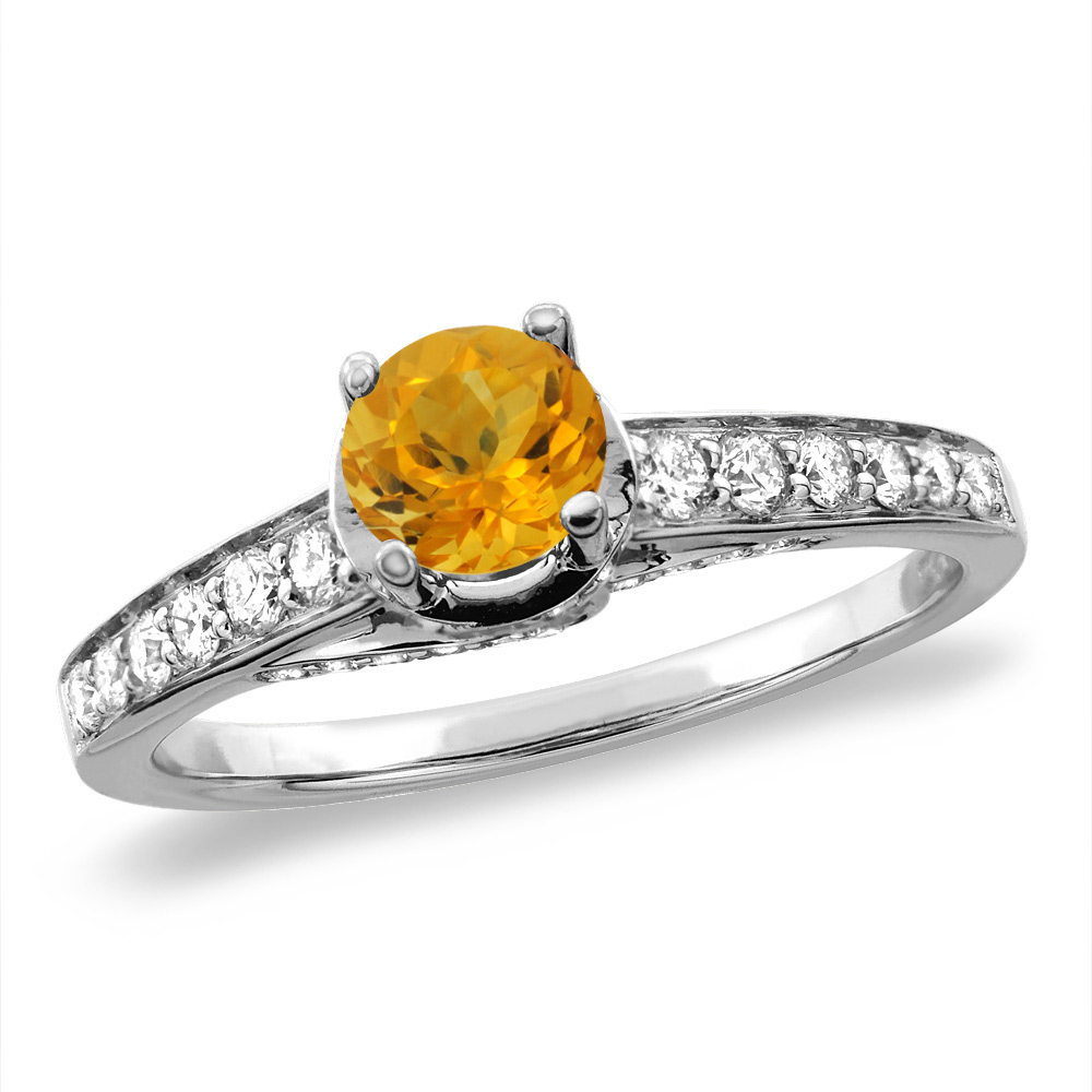 14K White/Yellow Gold Diamond Natural Citrine Engagement Ring Round 4 mm, sizes 5 -10