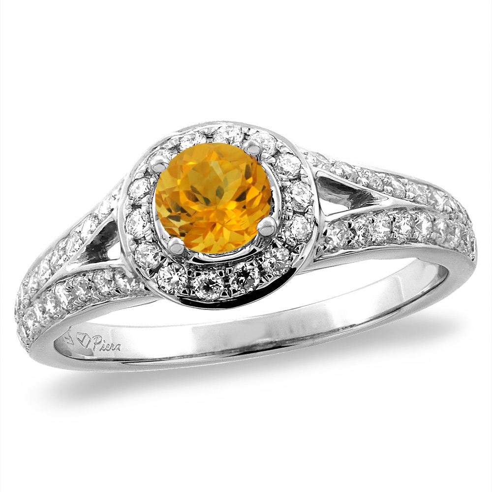14K White/Yellow Gold Diamond Natural Citrine Halo Engagement Ring Round 4 mm, sizes 5 -10