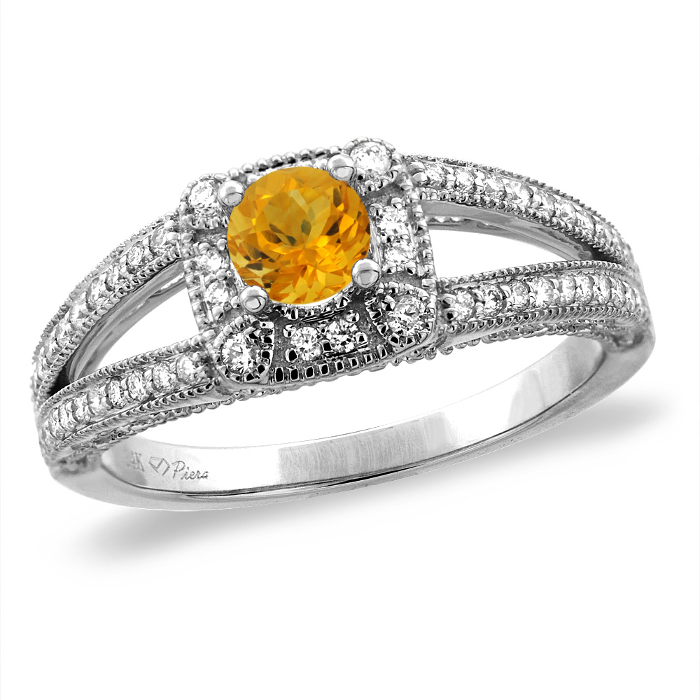14K White/Yellow Gold Diamond Natural Citrine Halo Engagement Ring Split Shank Round 4 mm, sizes 5 -10