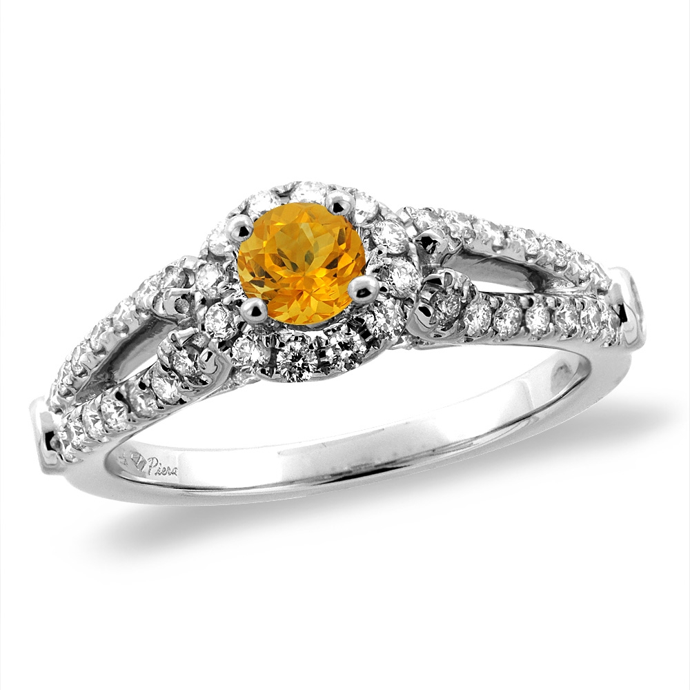 14K White/Yellow Gold Diamond Natural Citrine Halo Engagement Ring Round 4 mm, sizes 5 -10