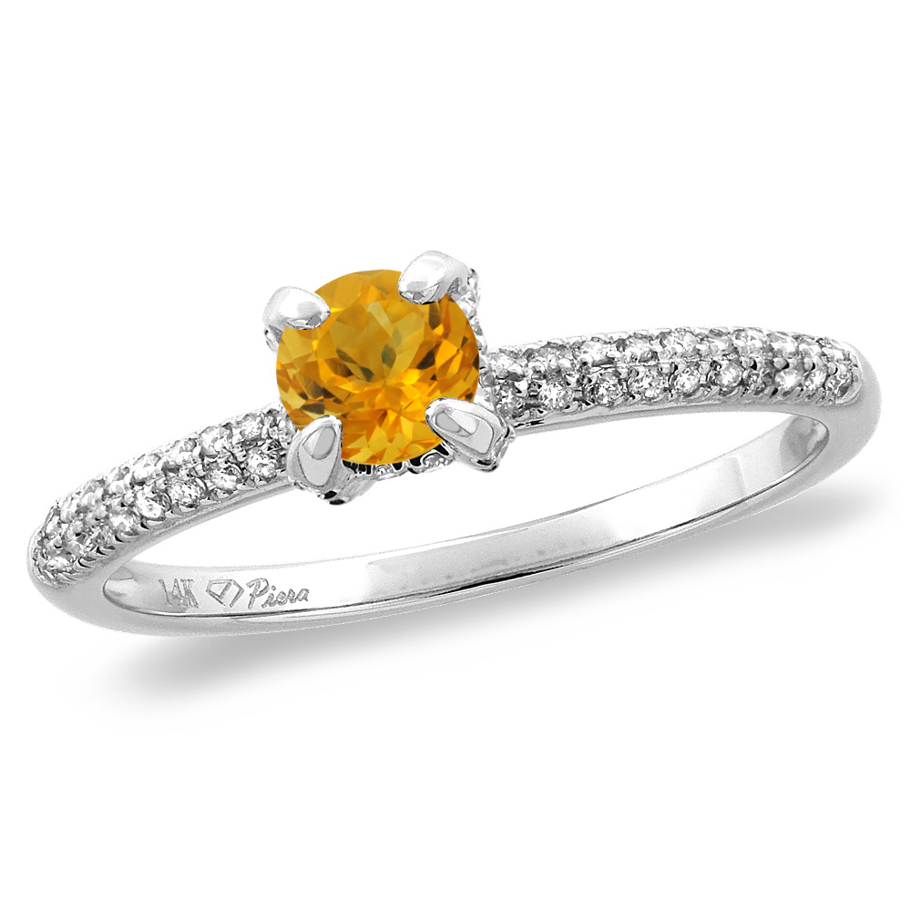 14K White/Yellow Gold Diamond Natural Citrine Solitaire Engagement Ring Round 4 mm, sizes 5 -10