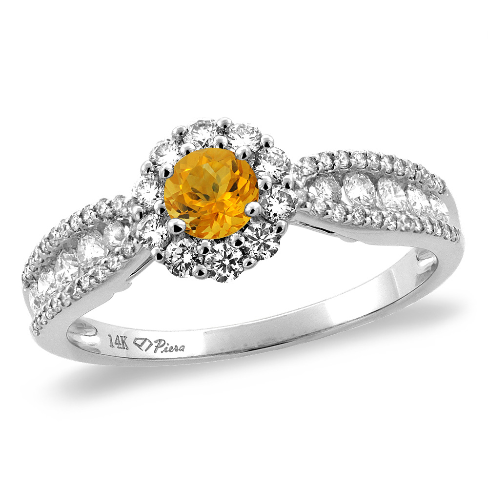 14K White/Yellow Gold Natural Citrine Halo Engagement Ring Round 4 mm, sizes 5 -10