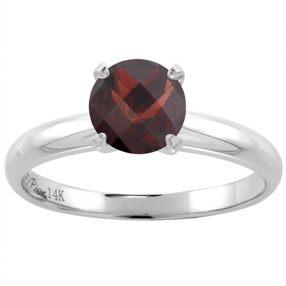 14K White Gold Natural Garnet Solitaire Engagement Ring Round 7 mm, sizes 5-10
