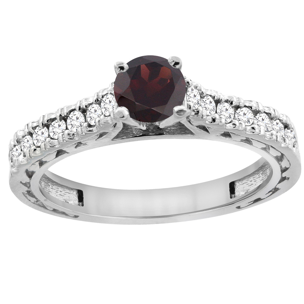 14K White Gold Natural Garnet Round 5mm Engraved Engagement Ring Diamond Accents, sizes 5 - 10