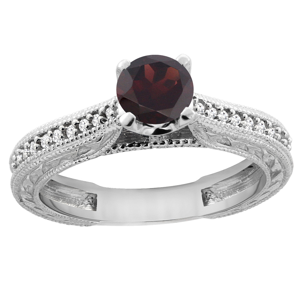 14K White Gold Natural Garnet Round 5mm Engraved Engagement Ring Diamond Accents, sizes 5 - 10