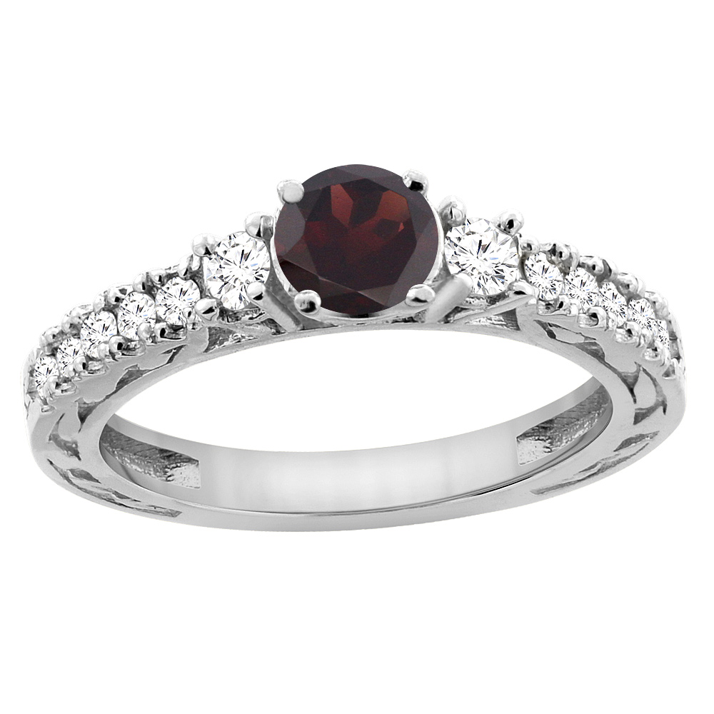 14K White Gold Natural Garnet Round 6mm Engraved Engagement Ring Diamond Accents, sizes 5 - 10