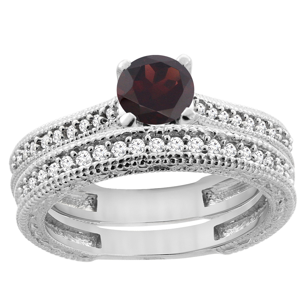 14K White Gold Natural Garnet Round 5mm Engraved Engagement Ring 2-piece Set Diamond Accents, sizes 5 - 10