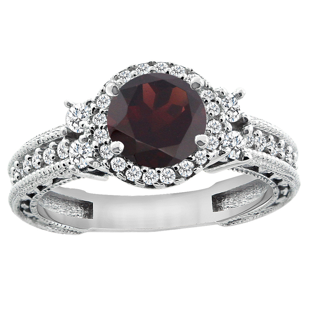 14K White Gold Natural Garnet Halo Engagement Ring Round 6mm Diamond Accents, sizes 5 - 10