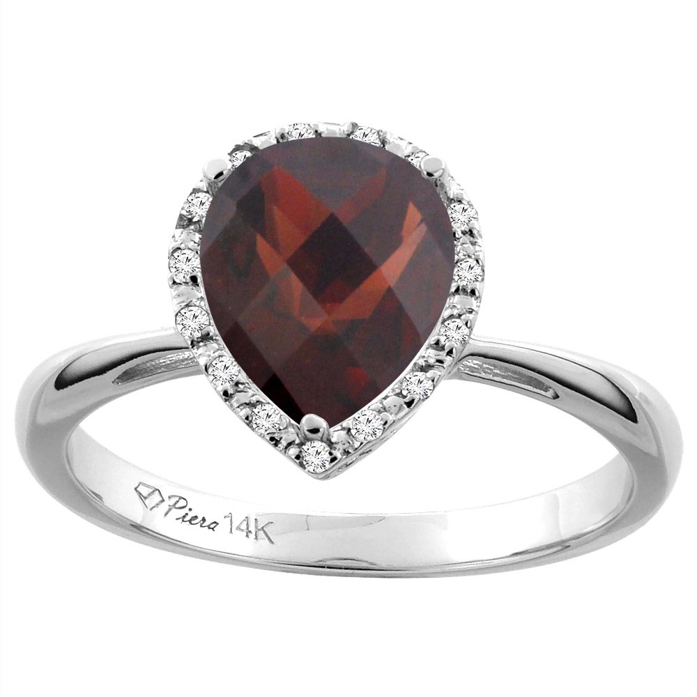 14K White Gold Natural Garnet &amp; Diamond Halo Engagement Ring Pear Shape 9x7 mm, sizes 5-10