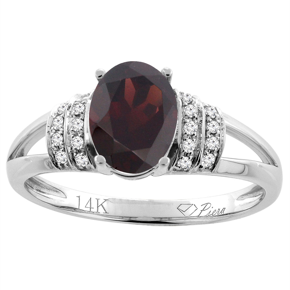 14K Gold Natural Garnet Ring Oval 8x6 mm Diamond Accents, sizes 5 - 10
